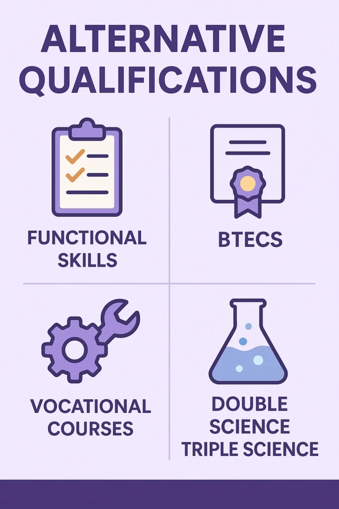 Infographic displaying alternative qualifications to GCSEs: Functional Skills, BTECs, Vocational Courses, and Double/Triple Science structure.