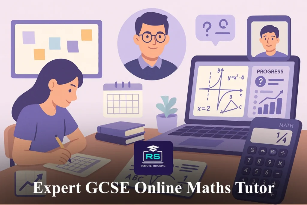 Flat-style illustration of an expert GCSE maths tutor guiding a student online, with books, calculator, progress charts, and interactive whiteboard on a laptop