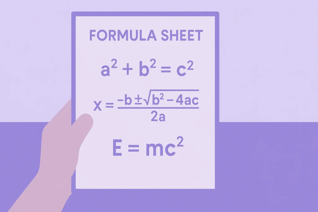 GCSE 2026 formula sheet showing maths and physics equations provided to students in exams