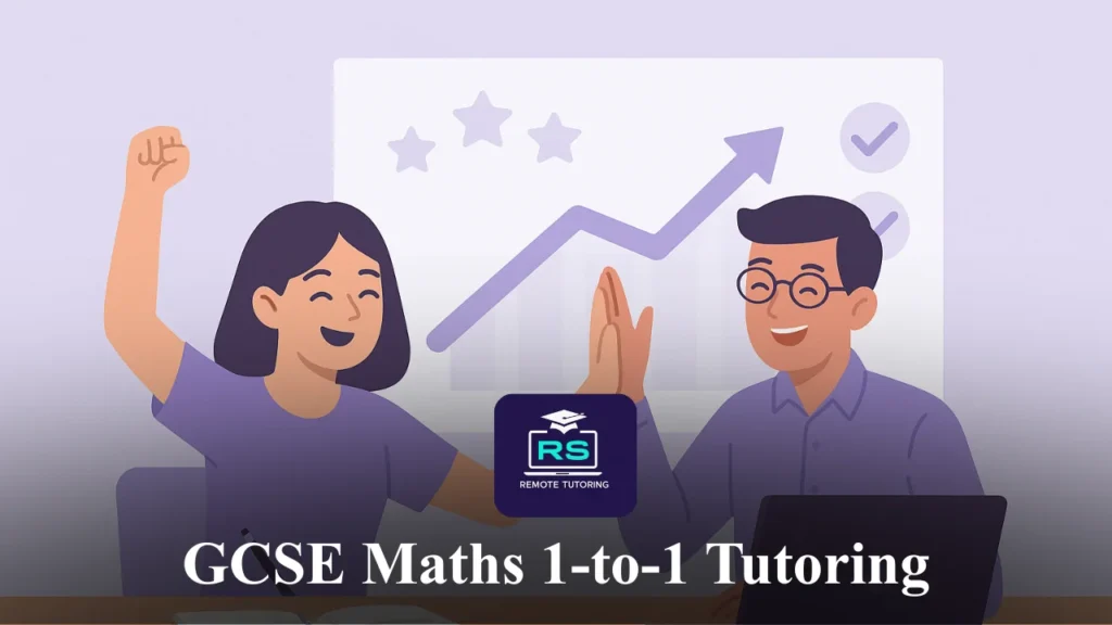 Flat-style illustration of a GCSE student and tutor celebrating progress with a high-five, in front of a positive exam score chart with stars and ticks.