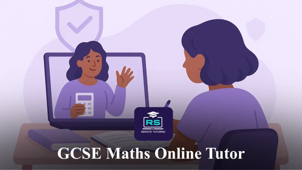 Flat-style illustration of a GCSE student in a secure online tutoring session, with a tutor on screen and shield icons symbolising a safe learning environment.