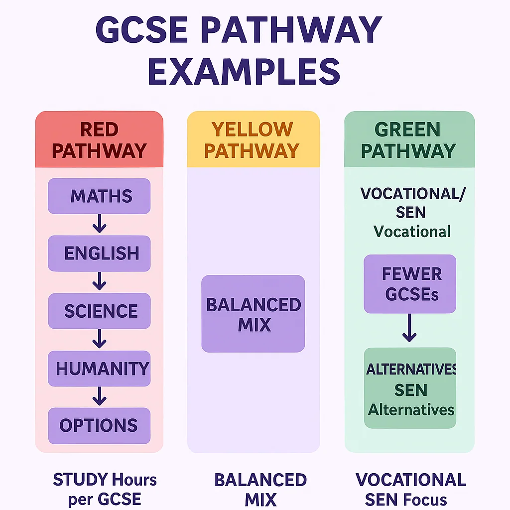 Flowchart infographic of three GCSE pathways: Red Pathway (academic), Yellow Pathway (balanced mix), Green Pathway (vocational/SEN focus).