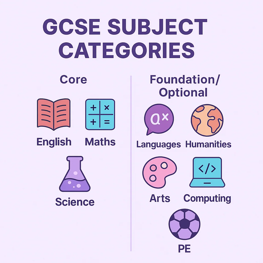 Icon grid infographic showing core GCSE subjects (English, Maths, Science) vs foundation/optional subjects (Languages, Humanities, Arts, Computing, PE).