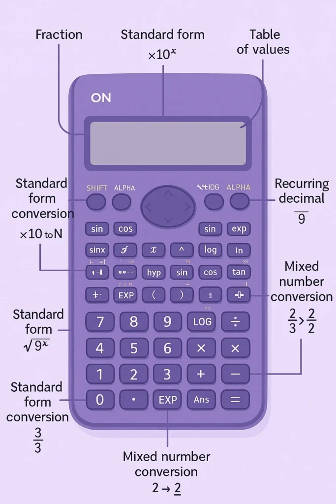 Flat illustration of a scientific calculator with labelled functions including fractions, standard form, recurring decimals, table of values, and mixed number conversions for GCSE maths