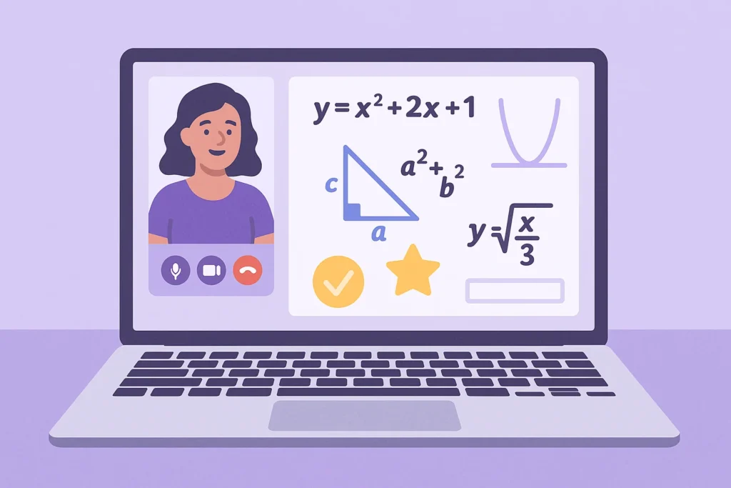 Flat-style illustration of a laptop screen showing an online maths tutorial with a teacher on video call and an interactive whiteboard displaying equations and diagrams