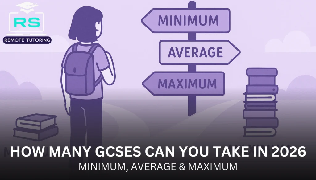 Illustration of a student with a backpack standing by signposts labeled Minimum, Average, Maximum, with books stacked nearby. Text: “How Many GCSEs Can You Take in 2026 – Minimum, Average & Maximum.”