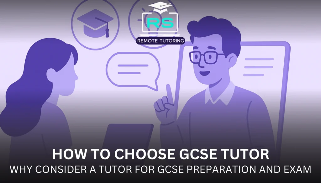 Purple-themed illustration of a GCSE tutor session with a female student and male tutor, symbolising communication, guidance, and learning.