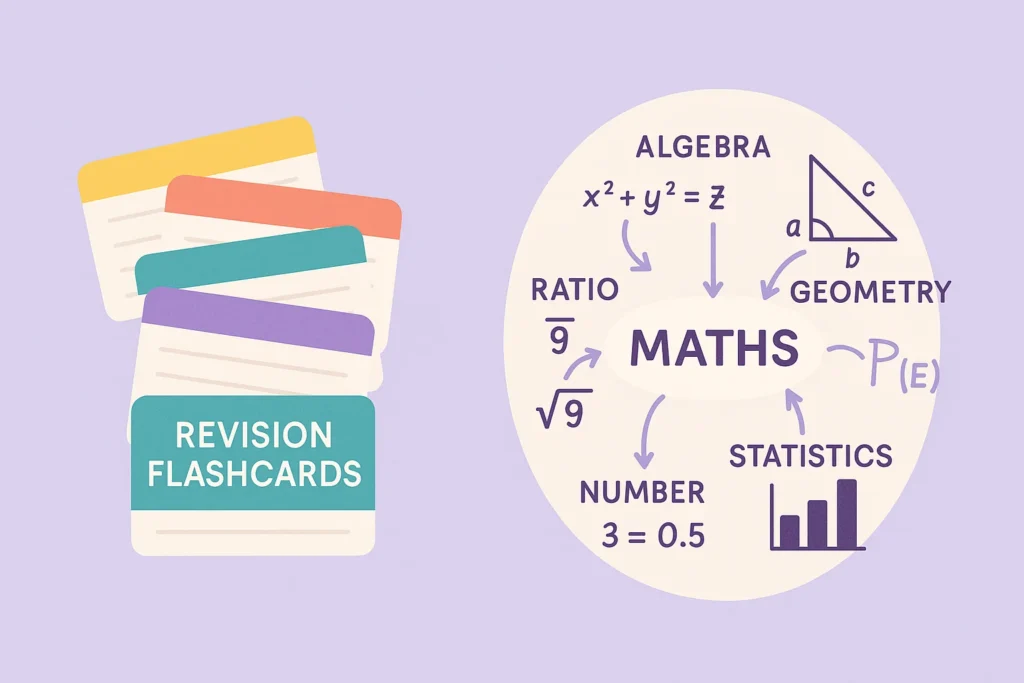 Flat infographic illustration of GCSE maths revision tools: colour-coded flashcards and a mind map linking topics such as algebra, geometry, ratio, statistics, and number with equations and icons