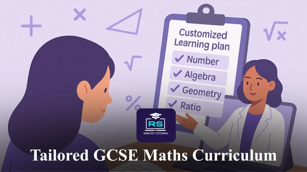 Flat-style illustration of a tutor showing a customised learning plan to a GCSE student during an online session, with maths symbols floating around.