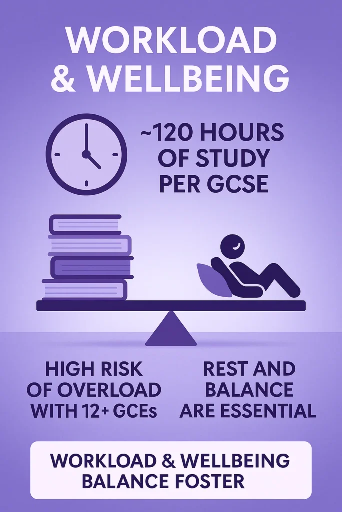 Poster-style infographic showing workload and wellbeing balance for GCSE students: ~120 study hours per subject, risk of overload with 12+ GCSEs, rest and balance essential.