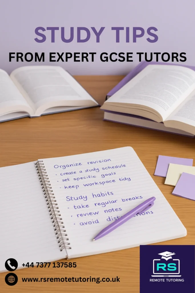 Study desk with GCSE revision notes, textbooks and expert study tips