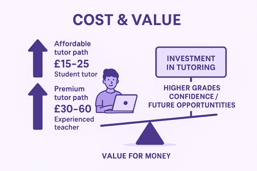 cost and value of GCSE tutoring. Left: affordable student tutors £15–25 per hour vs experienced teachers £30–60 per hour. Right: a balance scale showing investment in tutoring against higher grades, confidence, and future opportunities.