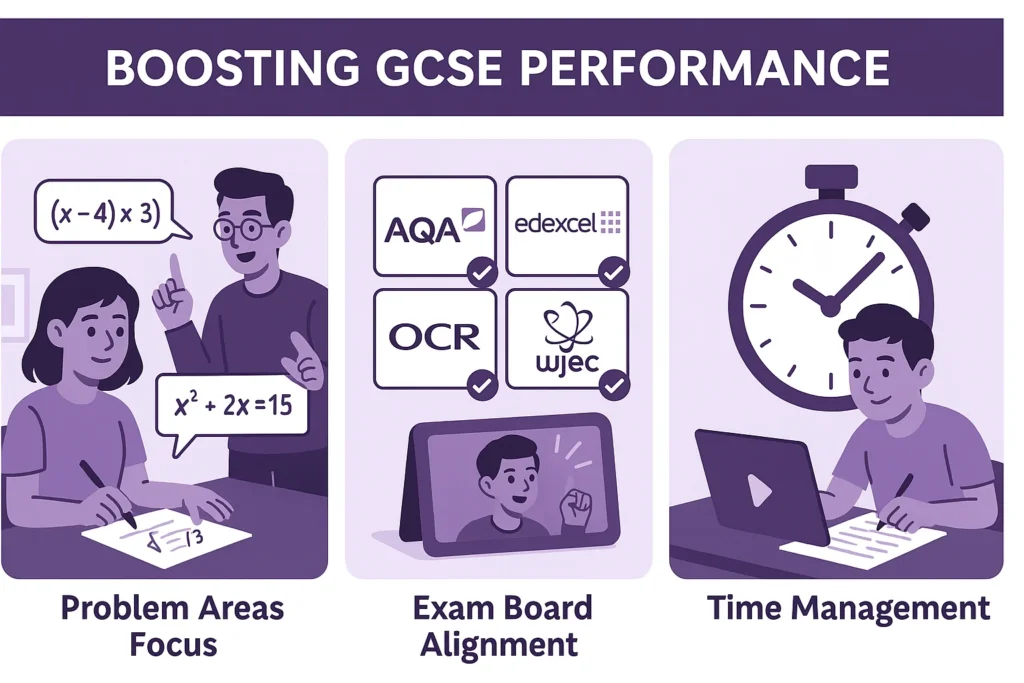 three ways online tutoring boosts GCSE performance: focusing on problem areas with tutor guidance, aligning with exam boards like AQA, Edexcel, OCR, WJEC, and improving time management with timed practice.