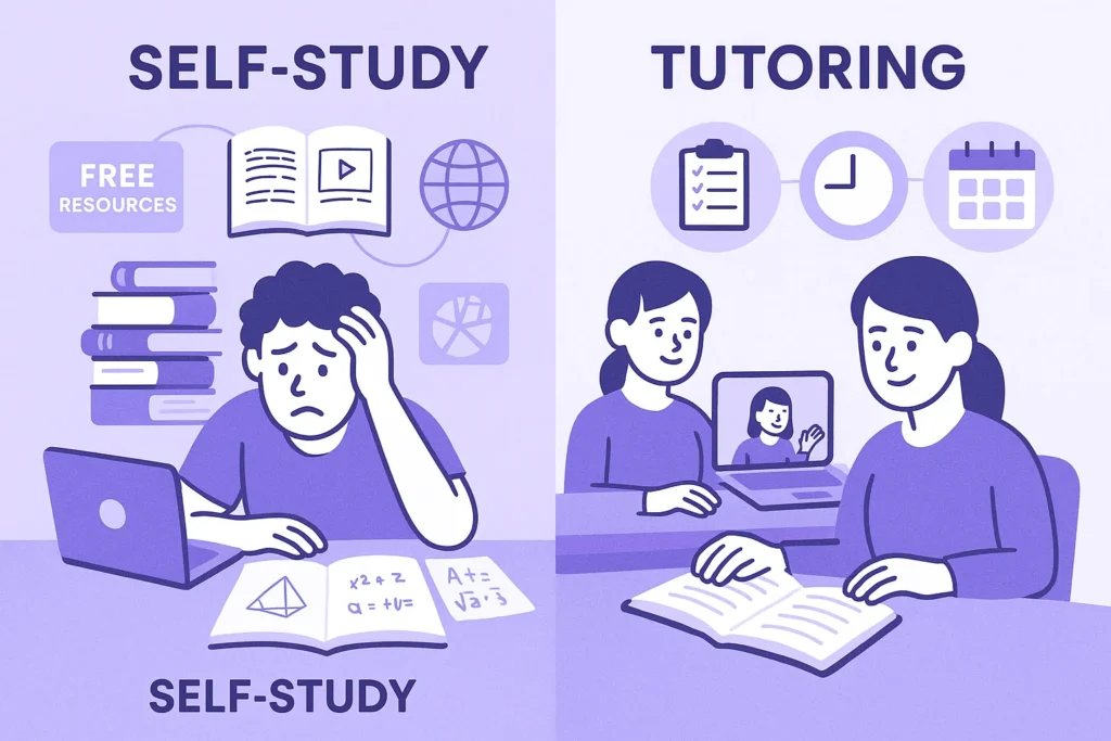 comparing self-study and online tutoring for GCSE. On the left, a student looks overwhelmed with books and free resources. On the right, a student engages calmly with an online tutor