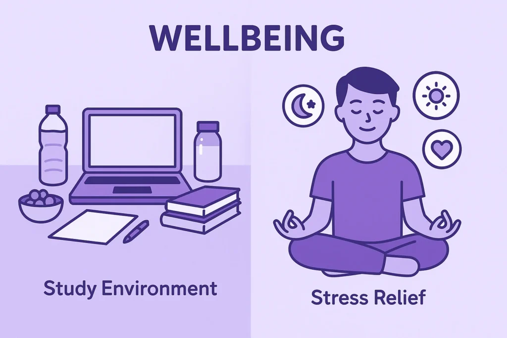 Infographic showing GCSE wellbeing tips. Left: tidy study environment with laptop, books, water, and snacks. Right: student meditating with calming icons symbolising stress relief