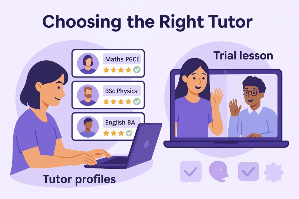 student browsing tutor profiles online with qualifications, ratings, and DBS verification ticks visible on the laptop screen