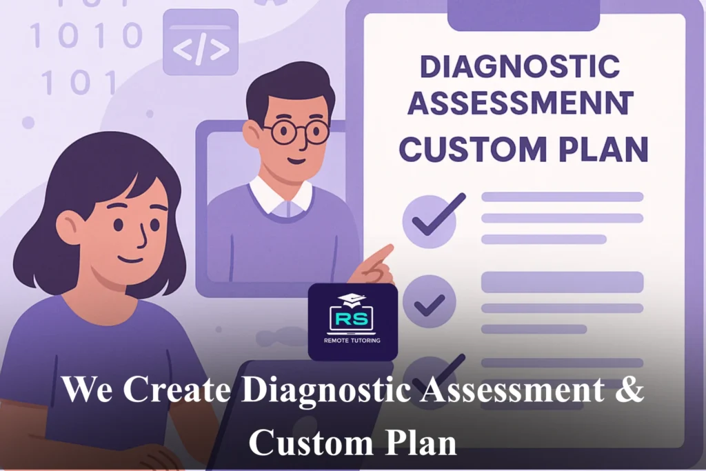 Illustration of GCSE Computer Science tutor providing diagnostic assessments and custom learning plans.