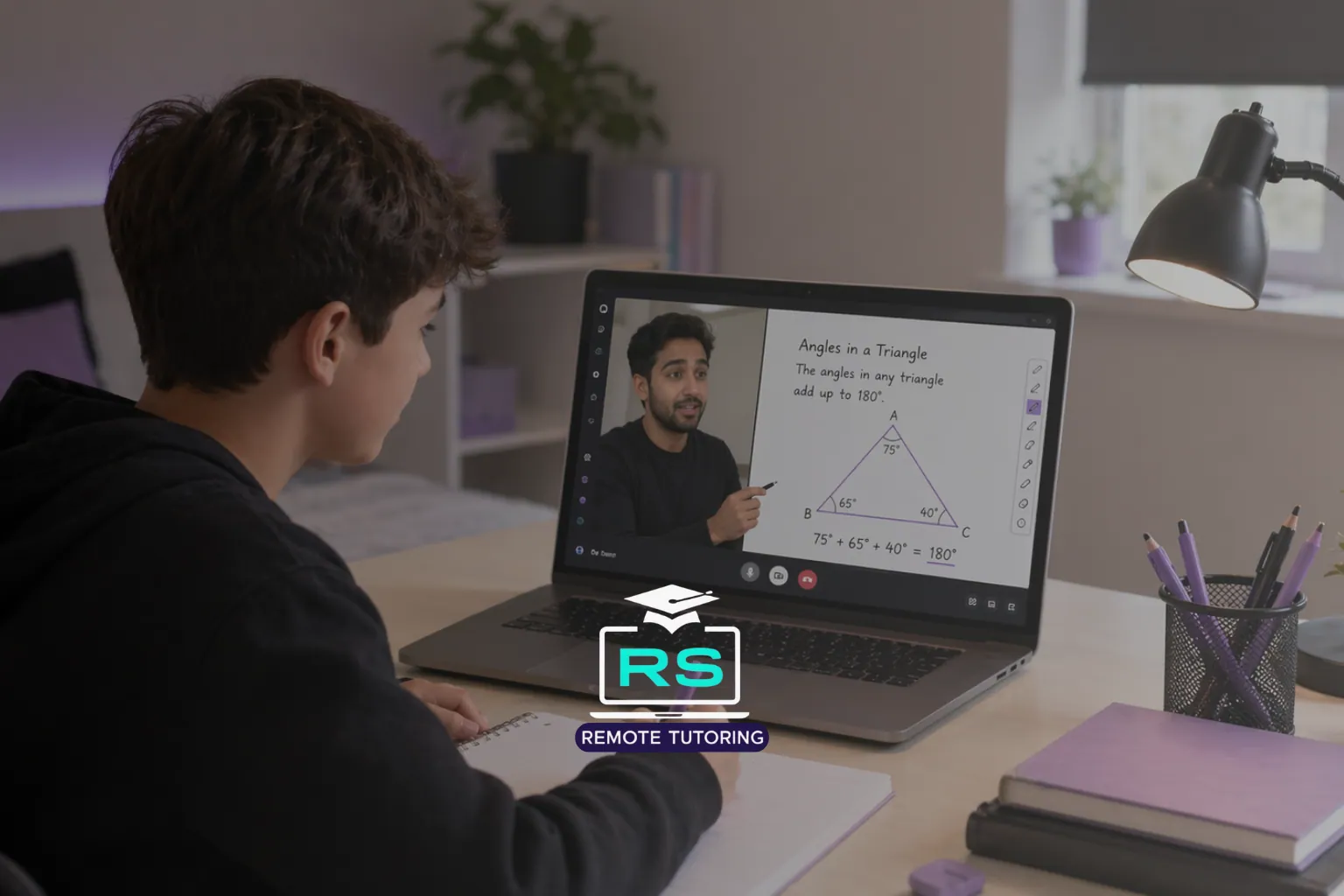 Online KS3 tutor explaining a lesson using a digital whiteboard