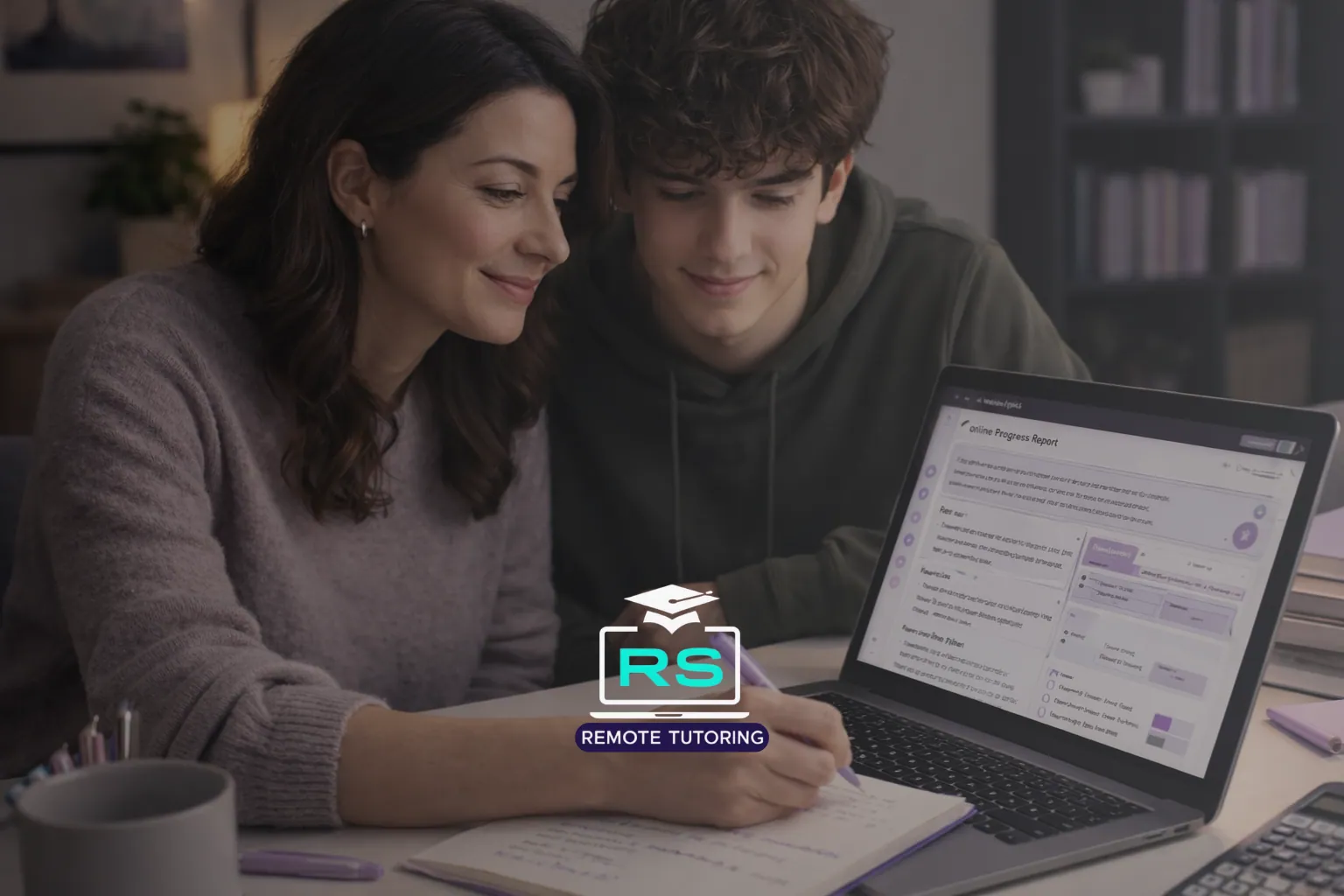 Parent and A-Level student reviewing online tutoring progress together