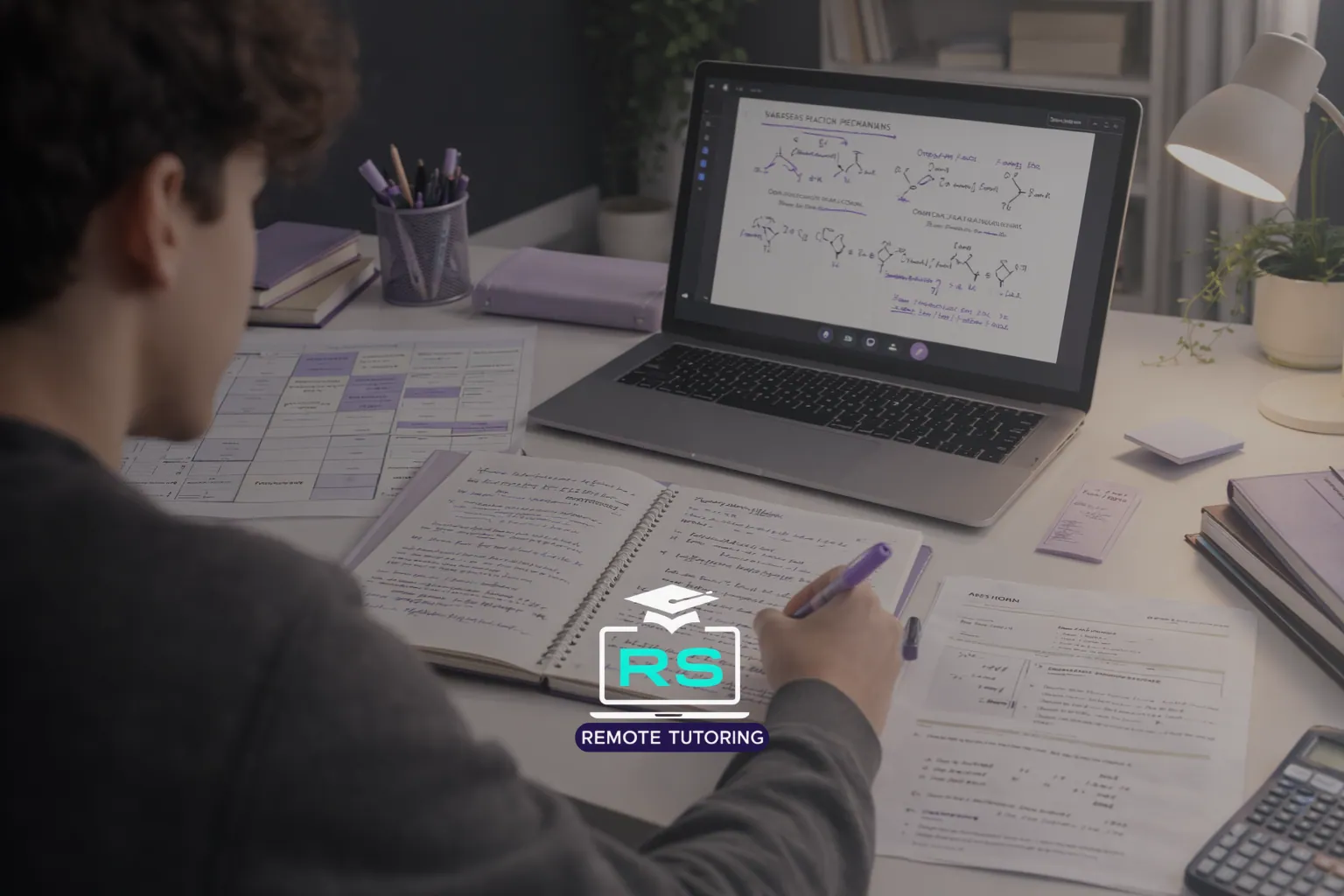 Student revising for A-Level exams with notes, past papers and online support