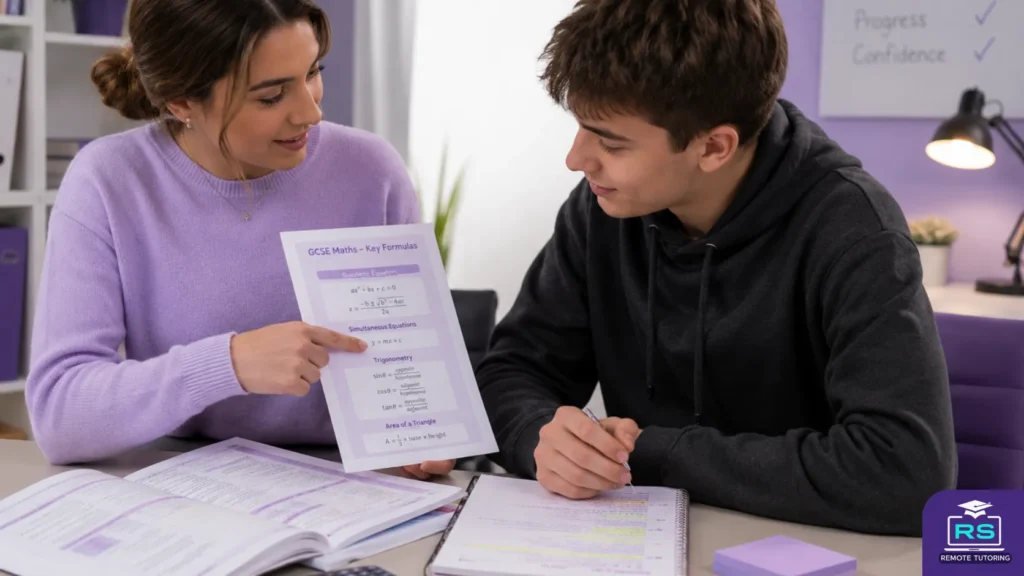 Tutor Explaining GCSE Maths Formula Sheet to Student