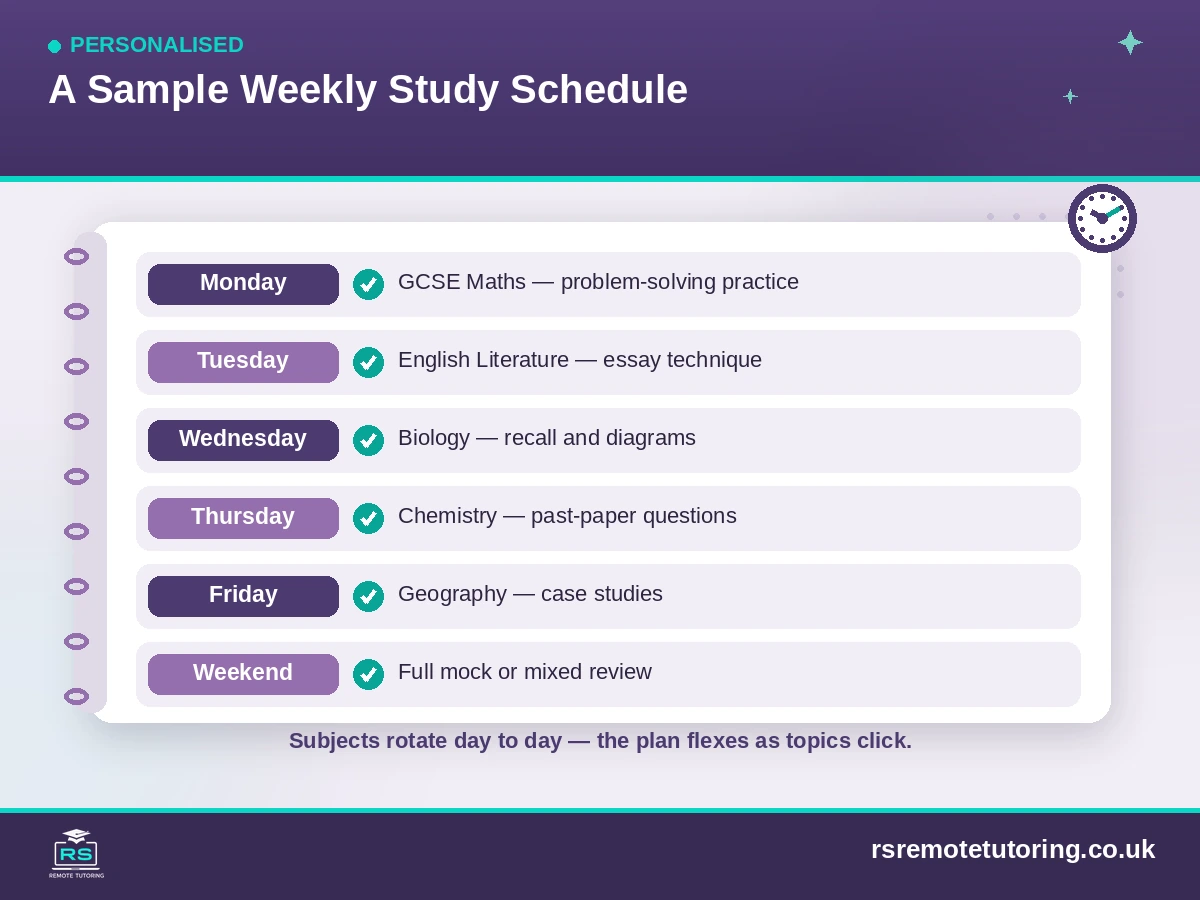 Sample weekly exam-focused GCSE study schedule by subject