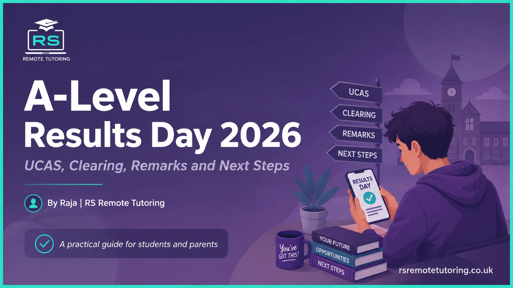 A-Level results day 2026 guide showing a student checking their results and considering UCAS, Clearing, remarks and next steps