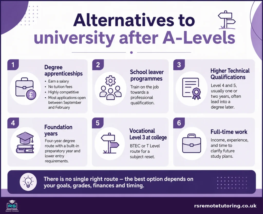 What to Do After A-Level Results: Your Options in 2026 5 Infographic showing six alternatives to university after A-Levels, including degree apprenticeships, school leaver programmes, HTQs, foundation years and full-time work