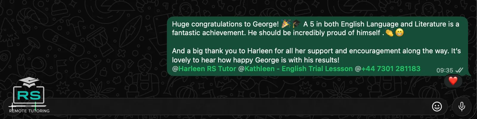 Parent review celebrating a Grade 5 in GCSE English with RS Remote Tutoring