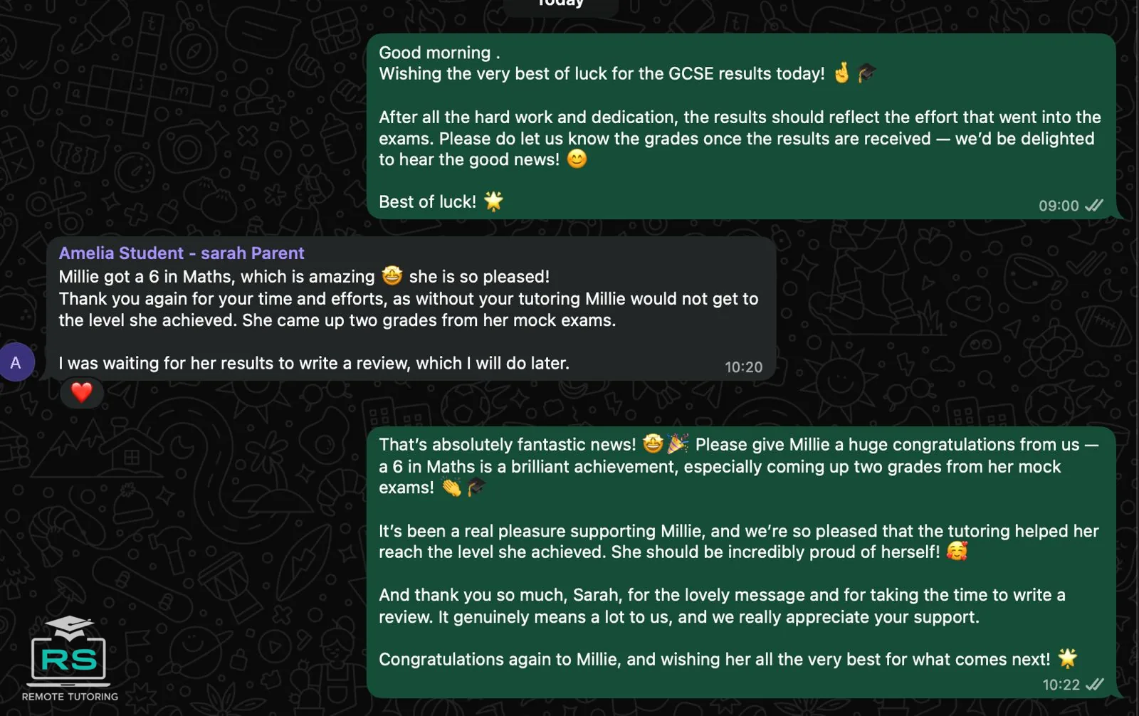 Parent testimonial celebrating a Grade 6 in GCSE Maths with RS Remote Tutoring