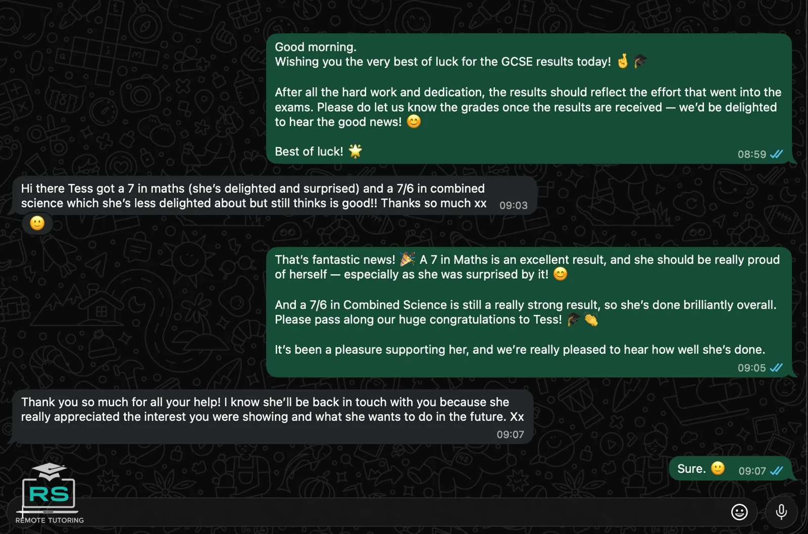 Student review celebrating Grade 7 results in GCSE Maths and Science with RS Remote Tutoring