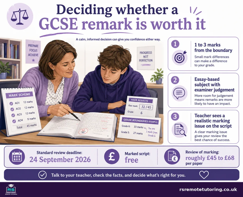 GCSE Remark or Resit? What to Do After Results Day 2026 4 Decision flowchart showing when to choose a GCSE remark, a November resit, both together, or Functional Skills Level 2