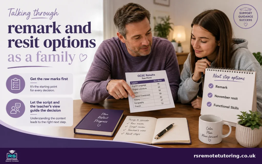 GCSE Remark or Resit? What to Do After Results Day 2026 5 Parent and student calmly reviewing GCSE raw marks and options after results day 2026