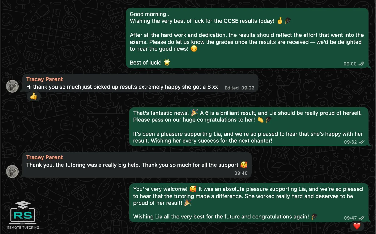 Parent feedback shared with RS Remote Tutoring after GCSE results day