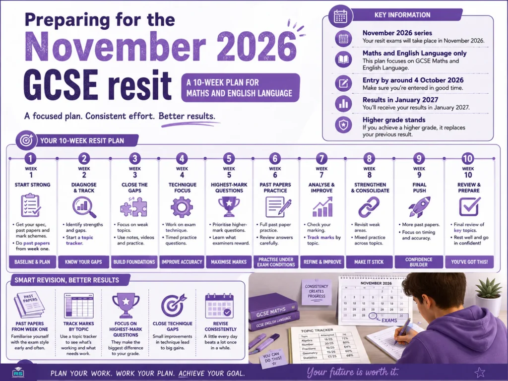 GCSE Remark or Resit? What to Do After Results Day 2026 3 ce?" | Student following a ten-week revision plan for the November 2026 GCSE maths and English resits