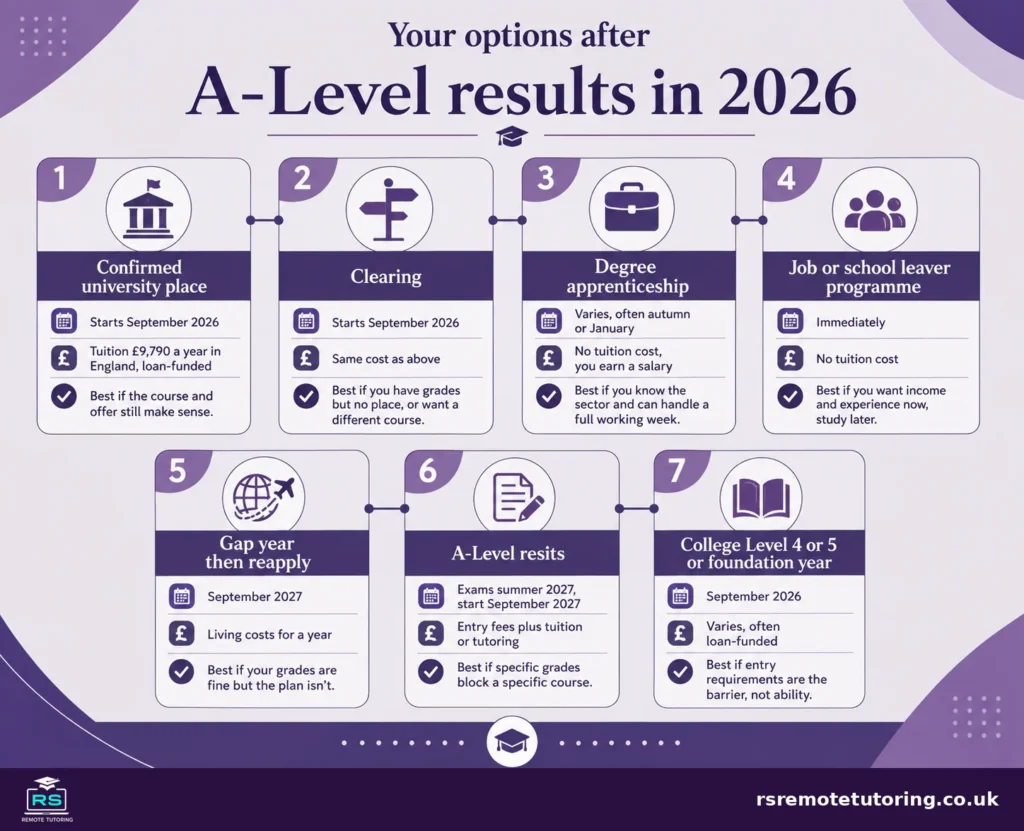 What to Do After A-Level Results: Your Options in 2026 2 Infographic comparing seven routes after A-Level results in 2026, including university, Clearing, degree apprenticeships, work, a gap year, resits and college study