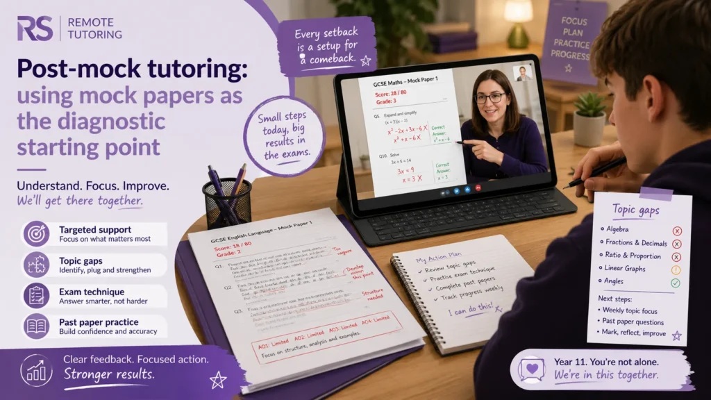 Online GCSE tutor working through a marked mock paper with a Year 11 student