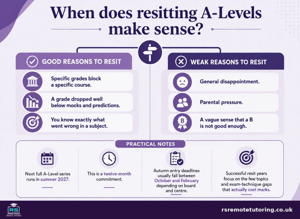What to Do After A-Level Results: Your Options in 2026 4 Infographic comparing good and weak reasons to resit A-Levels, with practical notes on the summer 2027 exam series and autumn entry deadlines