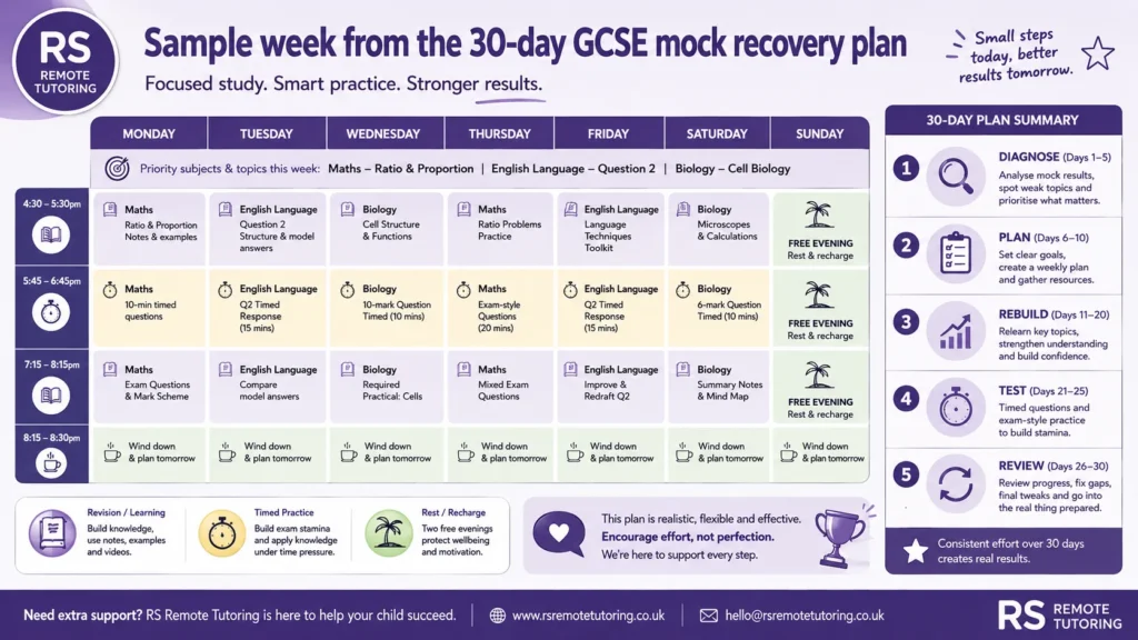 Weekly GCSE recovery revision timetable showing subjects, topics and rest evenings