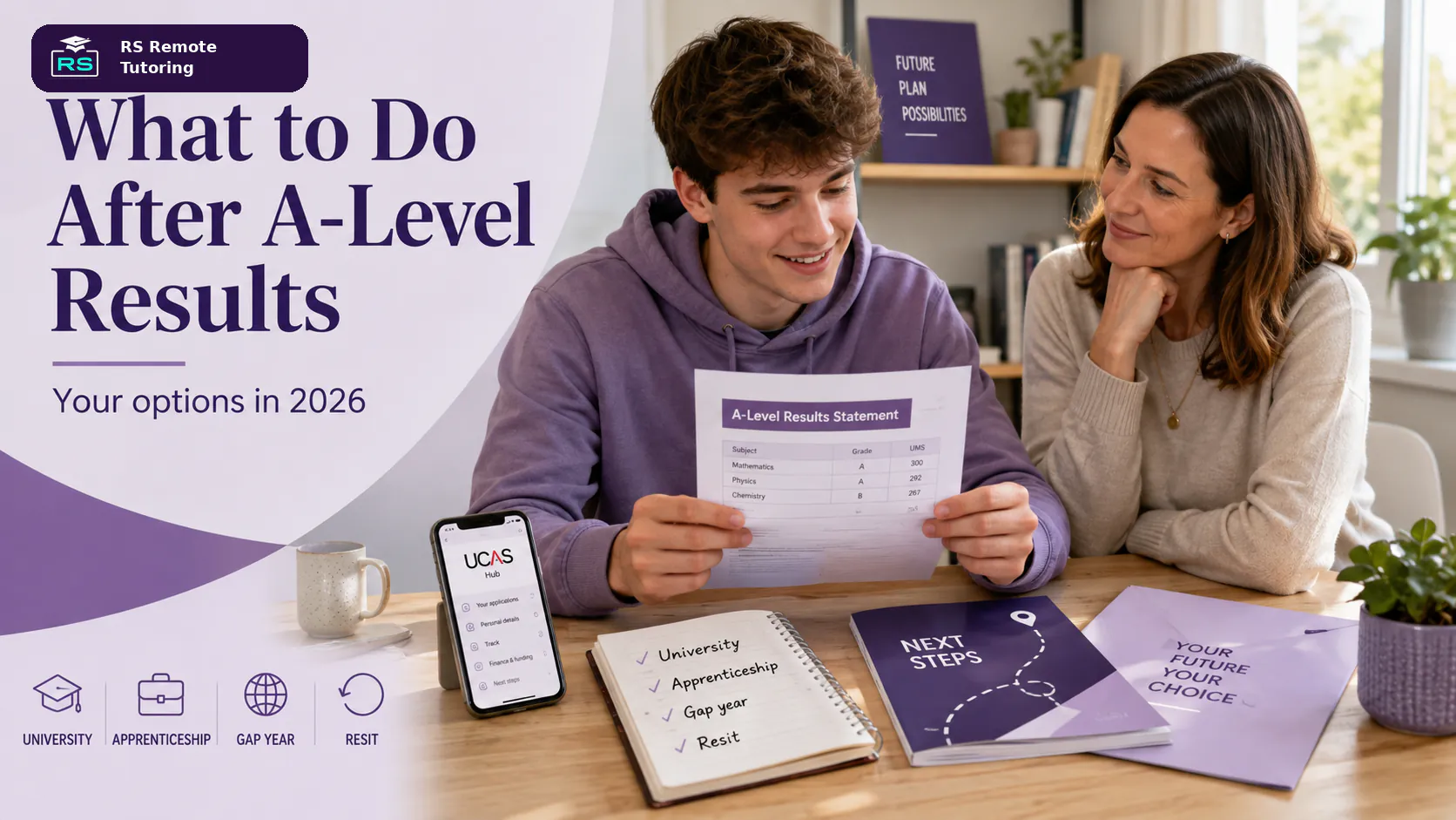 Student and parent reviewing an A-Level results statement and weighing up university, apprenticeship, gap year and resit options in 2026