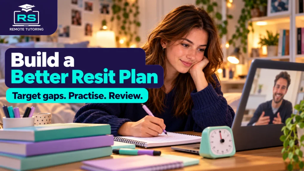 Student making revision notes during an online tutoring session on her laptop, with a study timer and textbooks on the desk