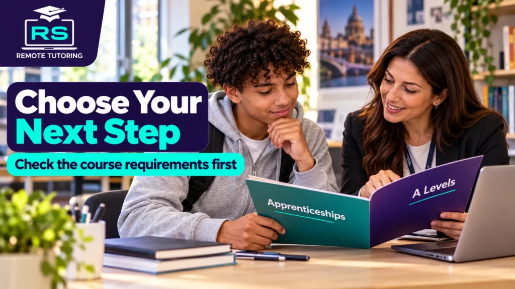 College adviser showing a student brochures for apprenticeships and A Levels to help him choose his next step after GCSEs