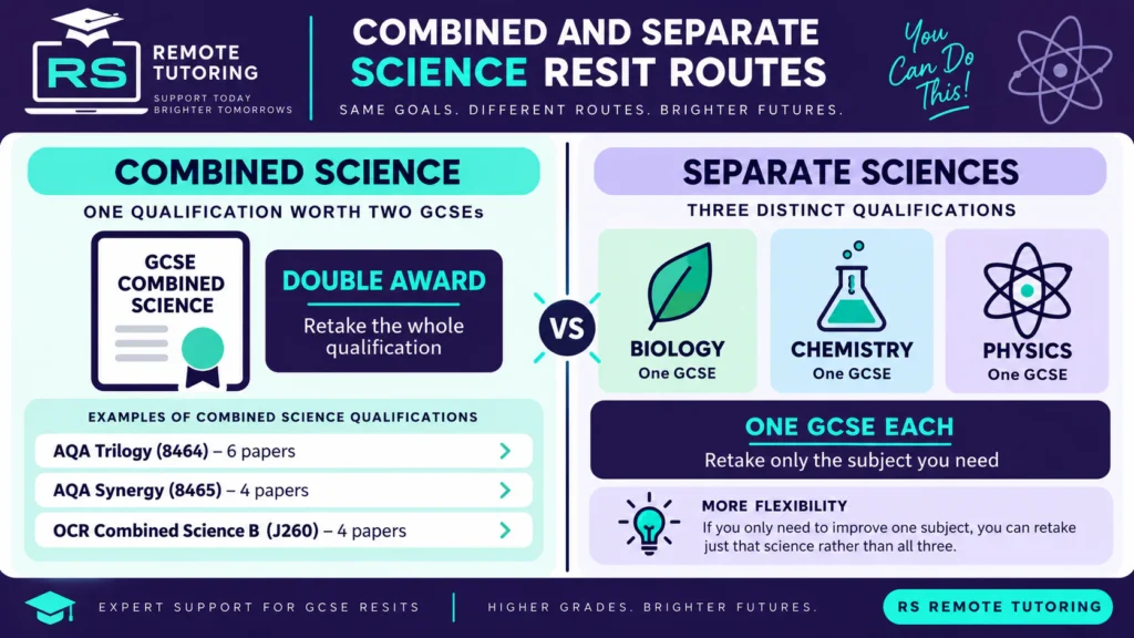 GCSE Science Resits in Summer 2027: Combined and Separate Science 1 Infographic comparing GCSE Combined Science double award resits with Separate Science resits in Biology, Chemistry and Physics