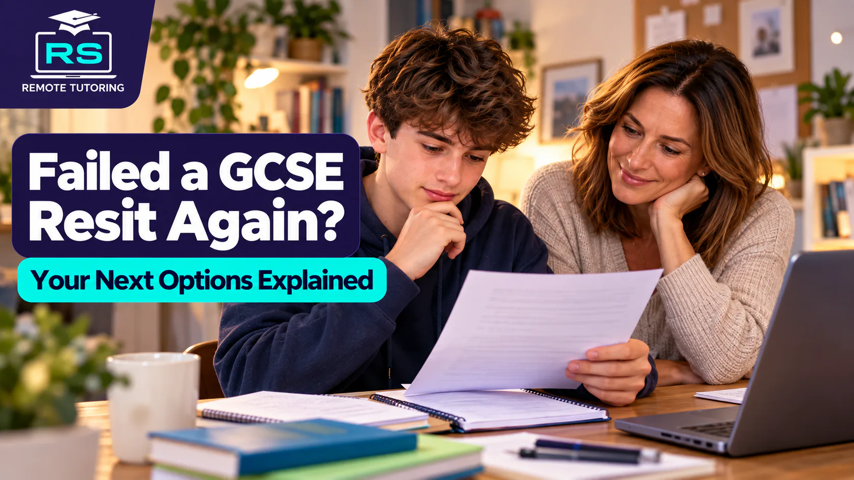 Teenage student reading his GCSE resit results letter at home while his mum sits beside him offering support