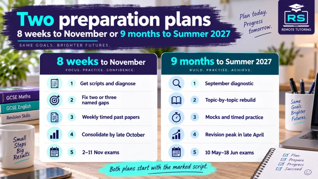 Two preparation plans for two resit windows Comparison of an eight-week November 2026 resit study plan and a nine-month summer 2027 plan
