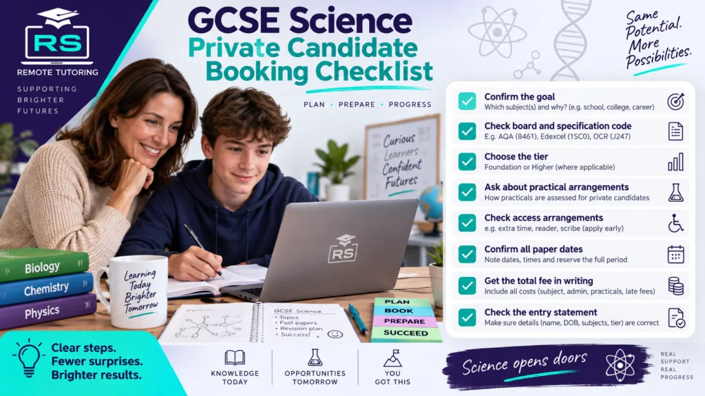 GCSE Science Resits in Summer 2027: Combined and Separate Science 3 Parent and student using a laptop to book GCSE Science exams as private candidates, beside an eight-step booking checklist