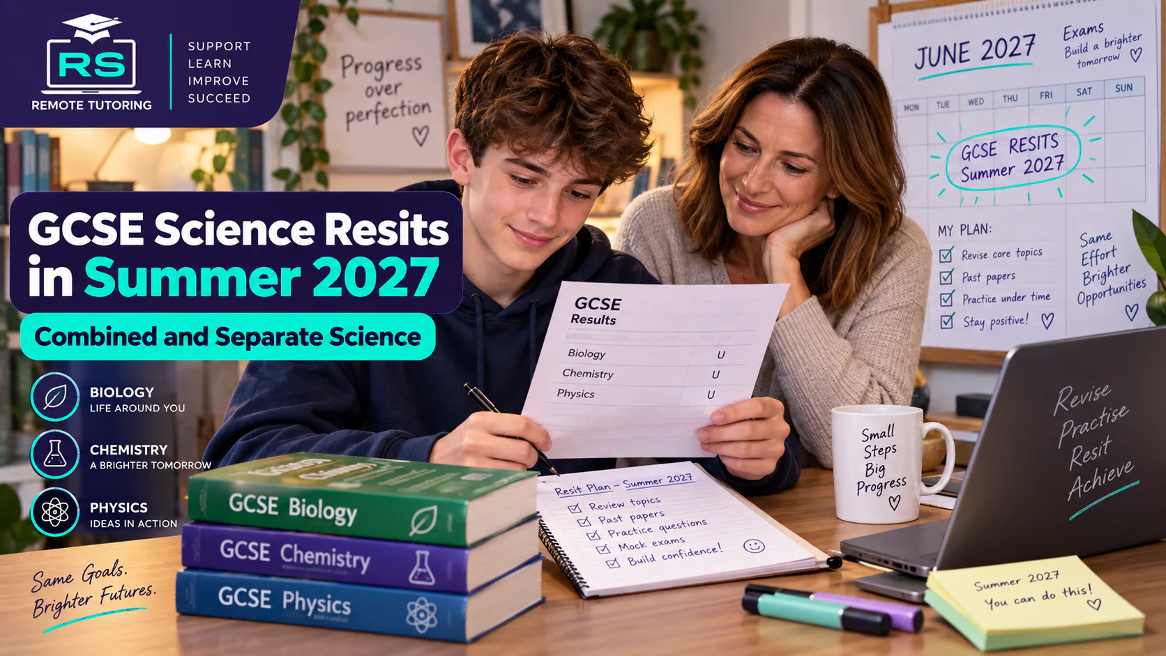 Student reviewing GCSE Biology, Chemistry and Physics results with a parent while planning Summer 2027 science resits
