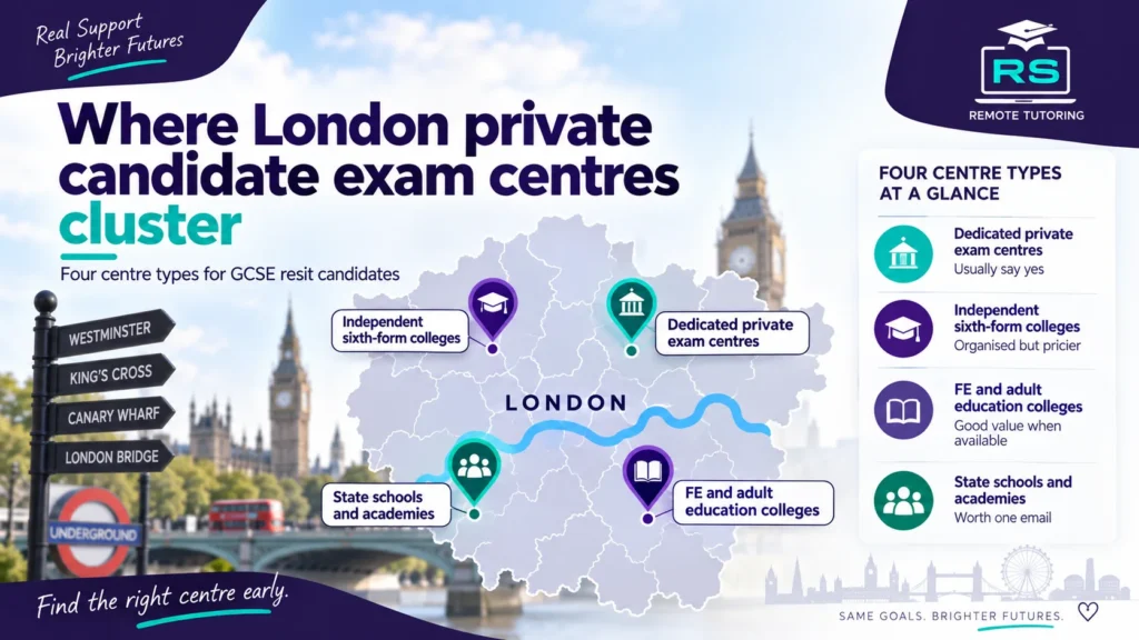How to Find an Exam Centre for a GCSE Resit as a Private Candidate in London 1 Map showing the types of GCSE private candidate exam centres across London