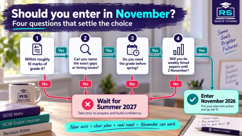 Flowchart to decide between a November 2026 and a summer 2027 GCSE resit