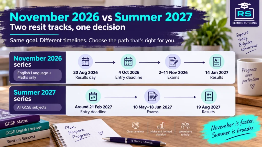 Timeline comparing November 2026 and summer 2027 GCSE resit dates and deadlines